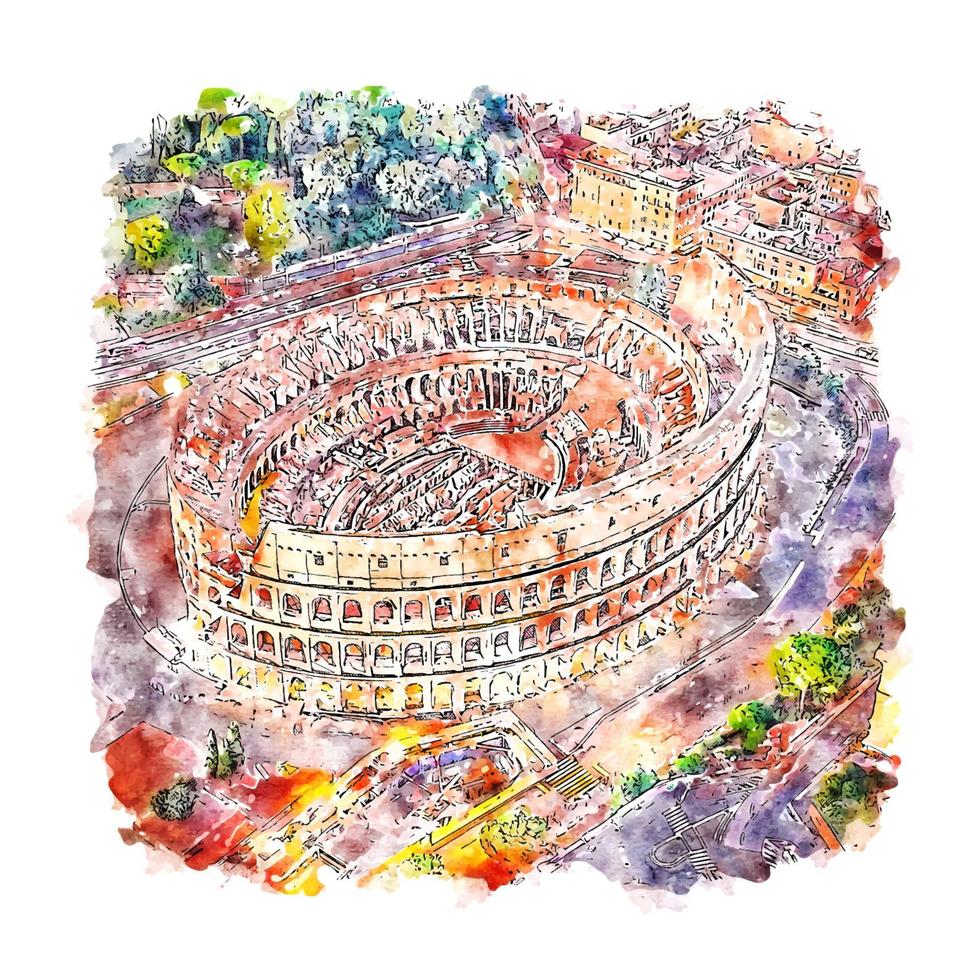 coliseu roma itália esboço em aquarela ilustração desenhada à mão vetor