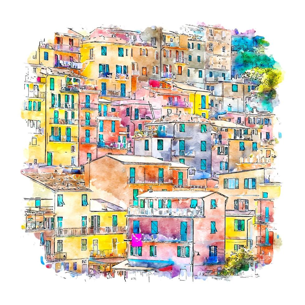 manarola itália esboço em aquarela ilustração desenhada à mão vetor