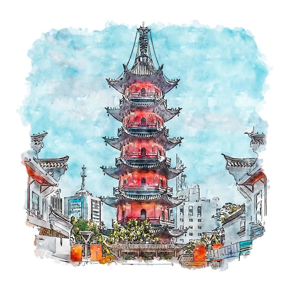 ningbo china esboço em aquarela ilustração desenhada à mão vetor