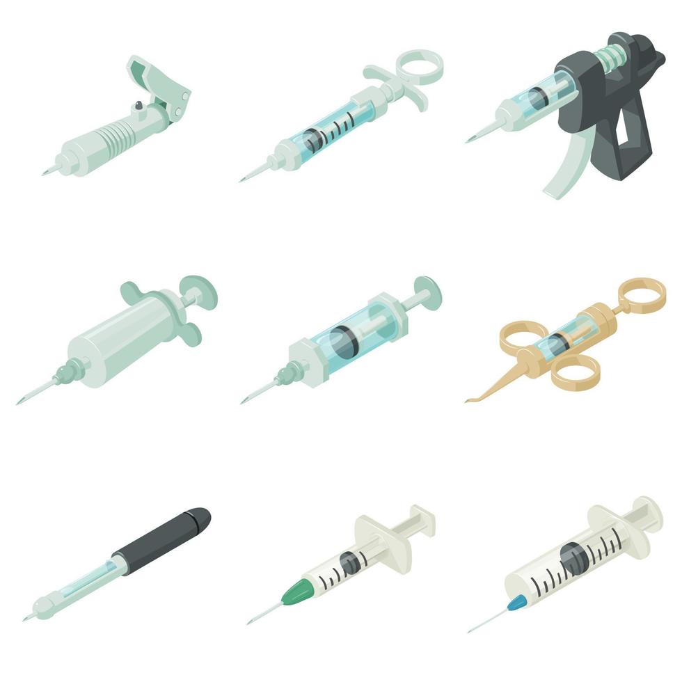conjunto de ícones de injeção de agulha de seringa, estilo isométrico vetor