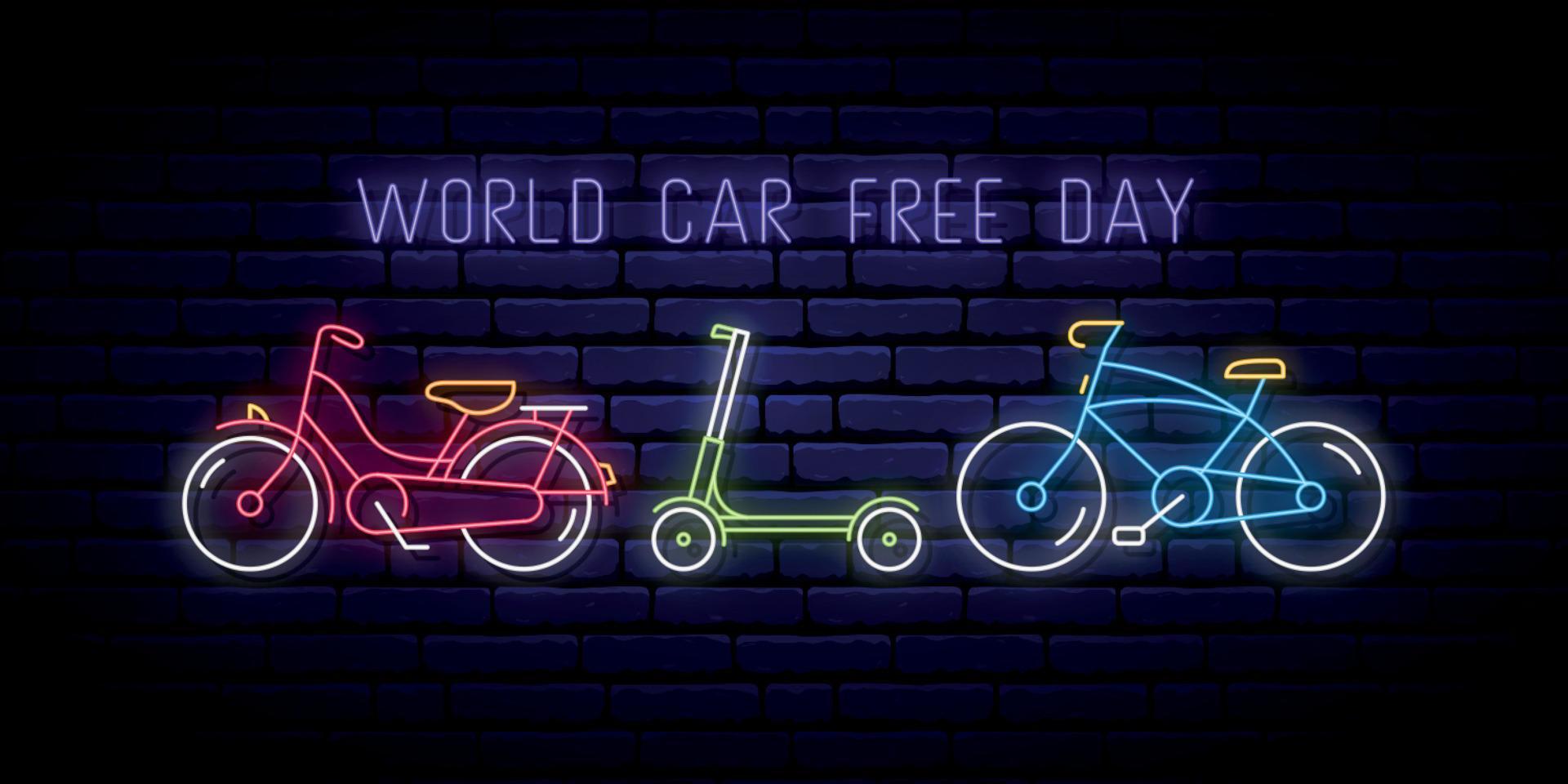 Tabuleta de néon do dia mundial sem carros. vetor