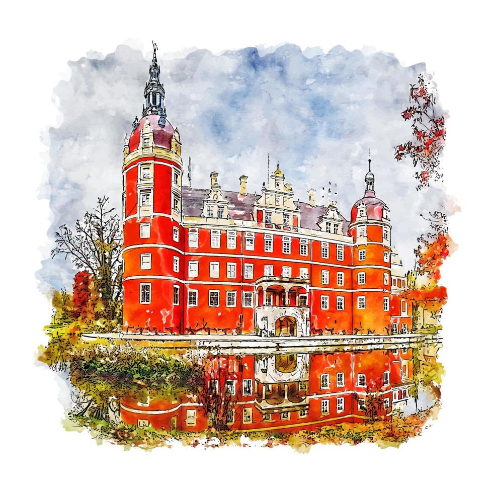 castelo de muskau alemanha esboço em aquarela ilustração desenhada à mão vetor