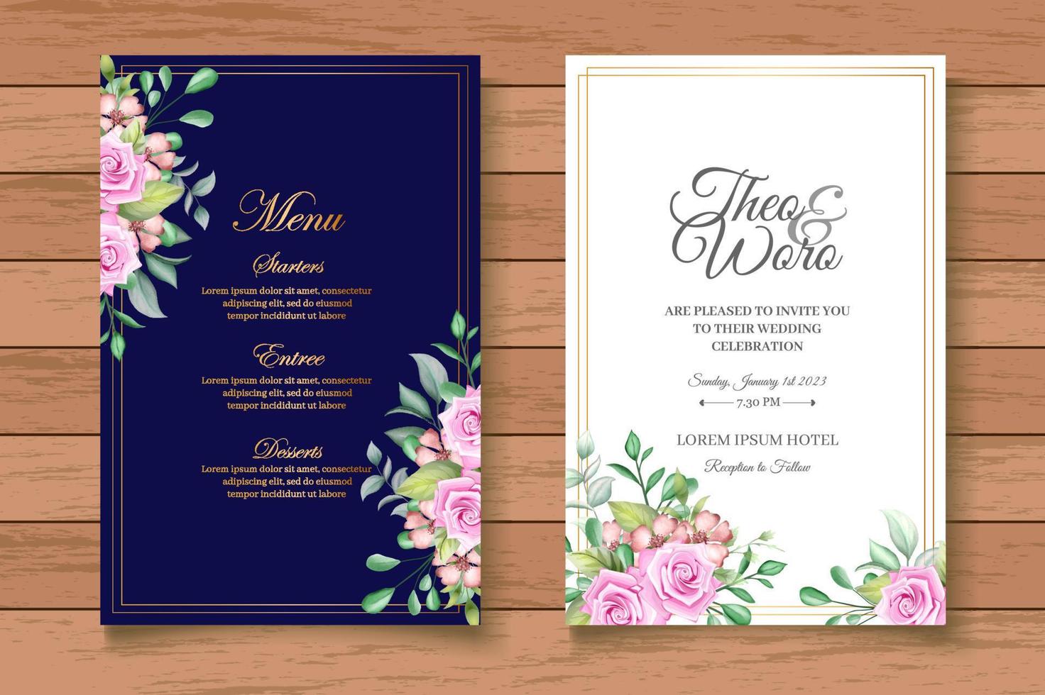 lindo conjunto de cartão de convite de casamento floral aquarela vetor