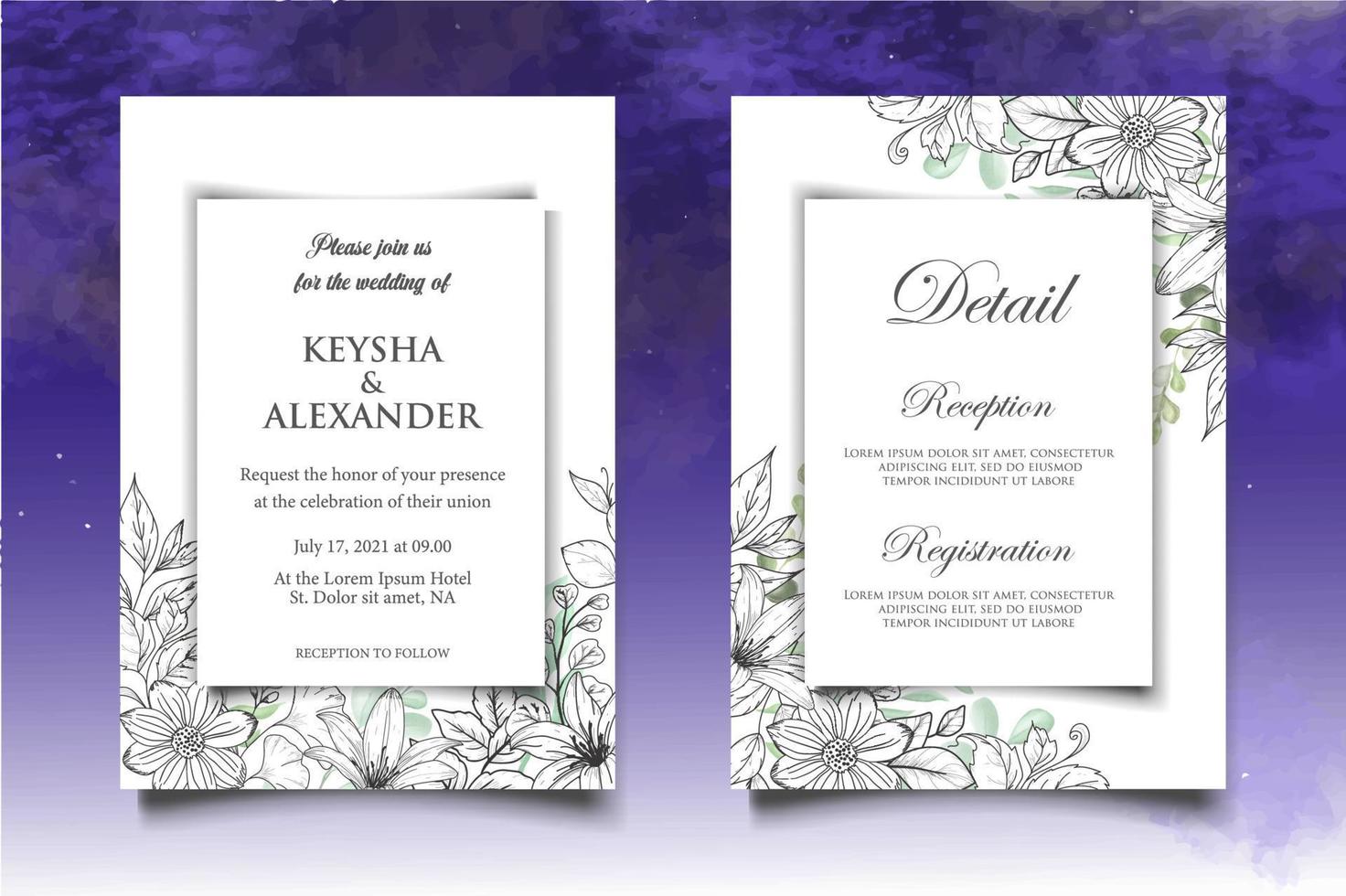 elegante conjunto de cartão de convite de casamento floral vintage vetor