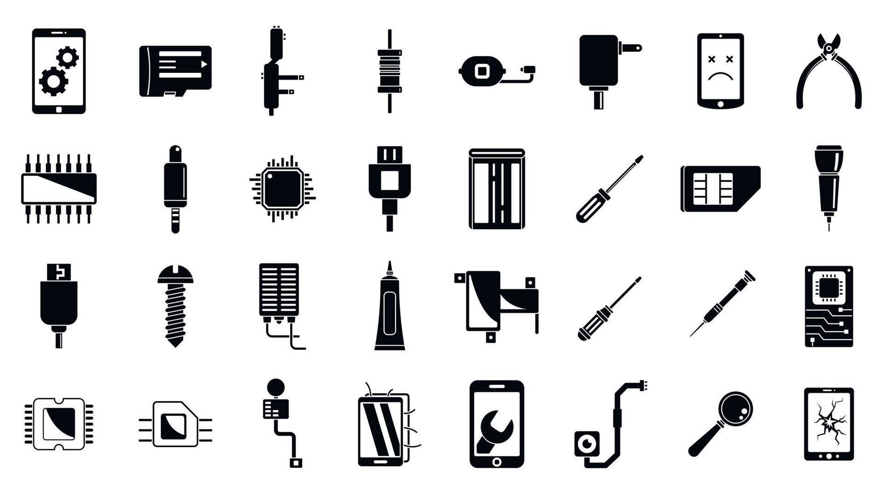 conjunto de ícones de reparo de celular quebrado, estilo simples vetor