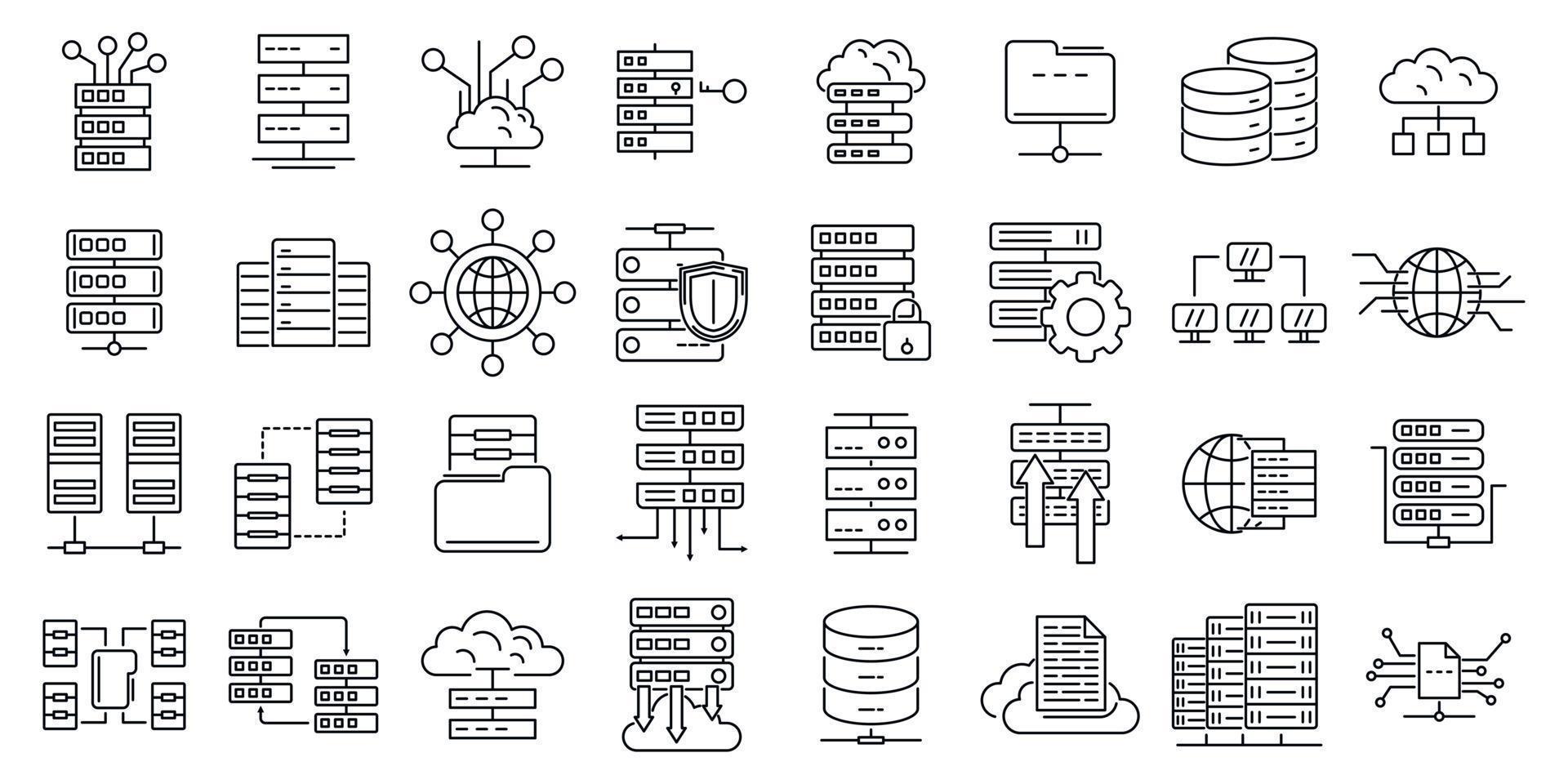 conjunto de ícones de data center, estilo de estrutura de tópicos vetor