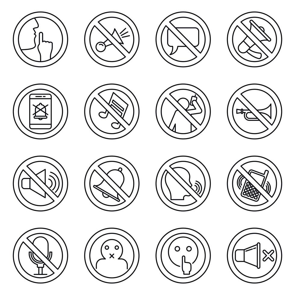 conjunto de ícones de silêncio silencioso, estilo de estrutura de tópicos vetor