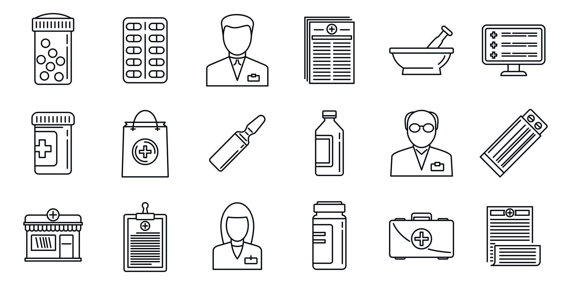 conjunto de ícones de farmacêutico médico, estilo de estrutura de tópicos vetor