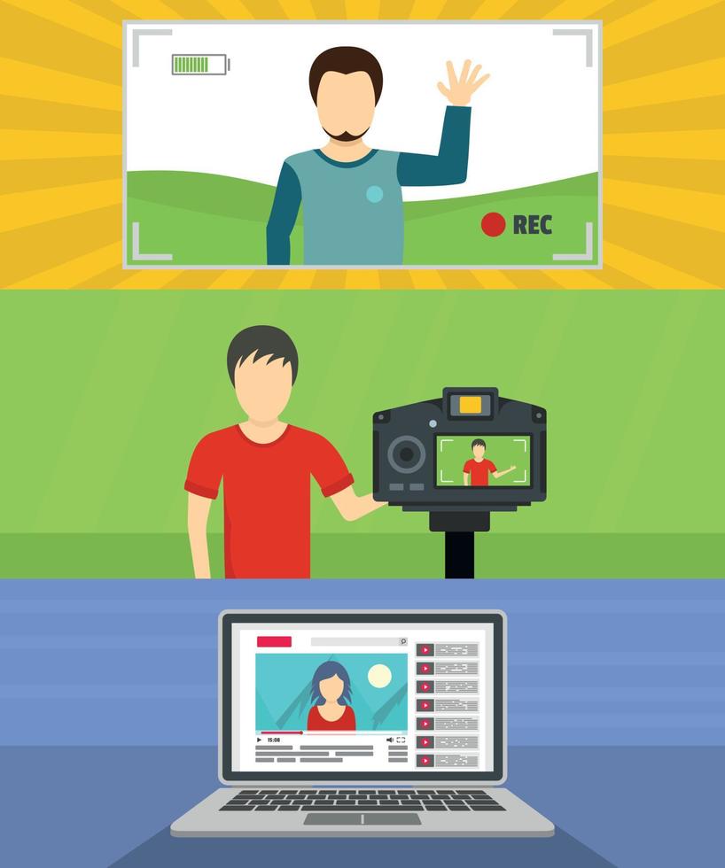 conjunto de conceito de banner de canal de blog de vídeo, estilo simples vetor