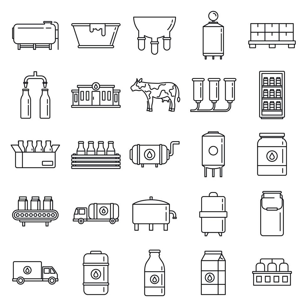 conjunto de ícones de fábrica de leite da indústria, estilo de estrutura de tópicos vetor