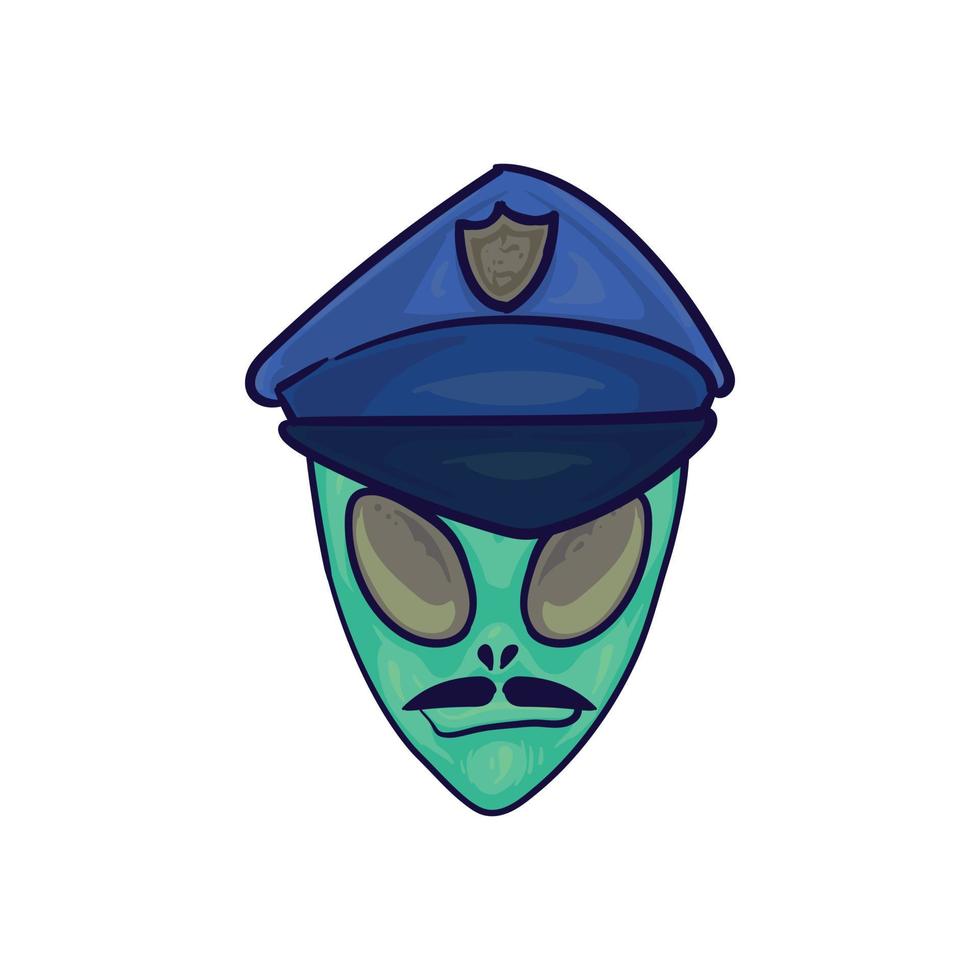 ilustração isolado desenho animado cabeça alienígena desenhada à mão usando chapéu de polícia e bigode vetor