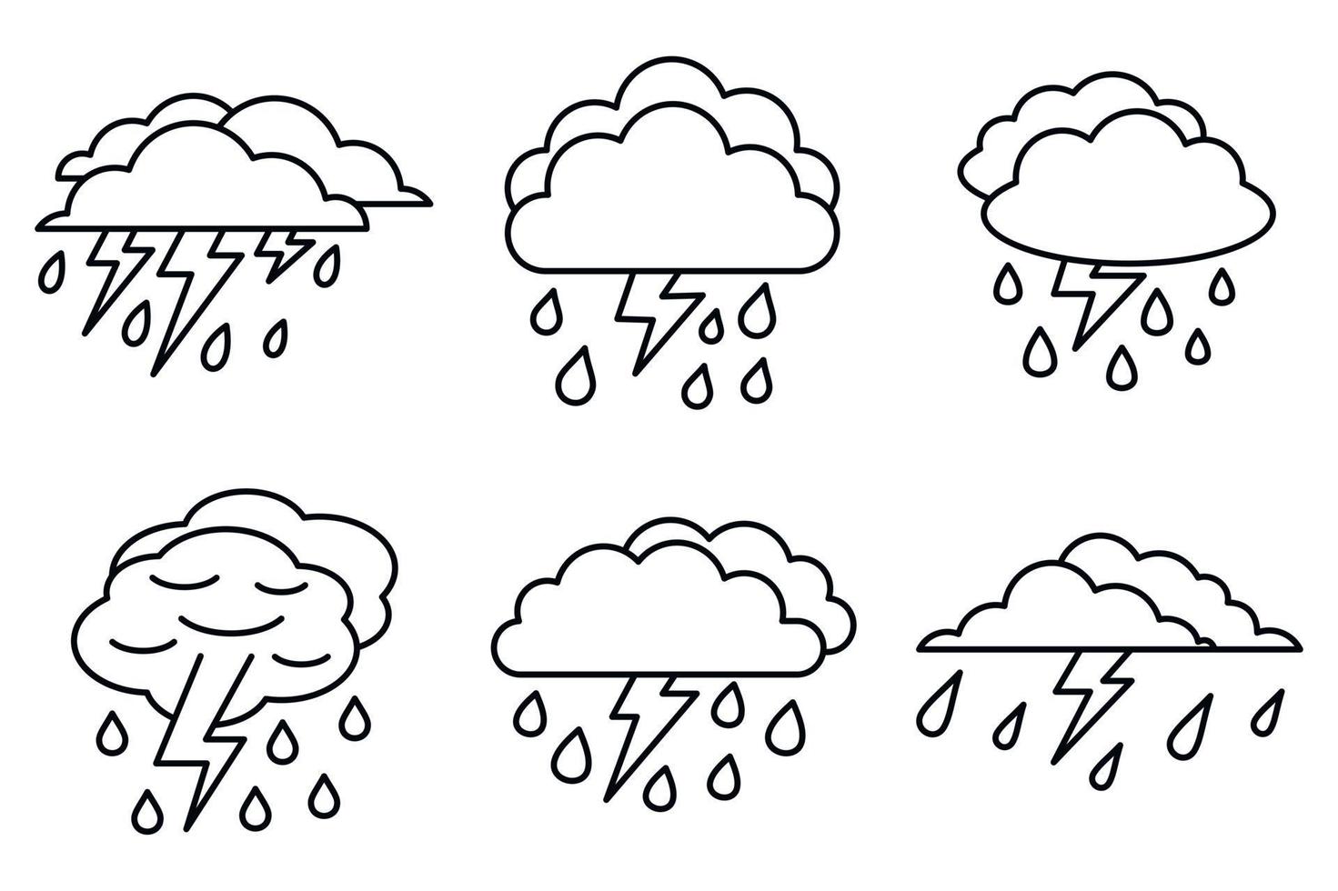 conjunto de ícones de tempestade de tempo, estilo de estrutura de tópicos vetor