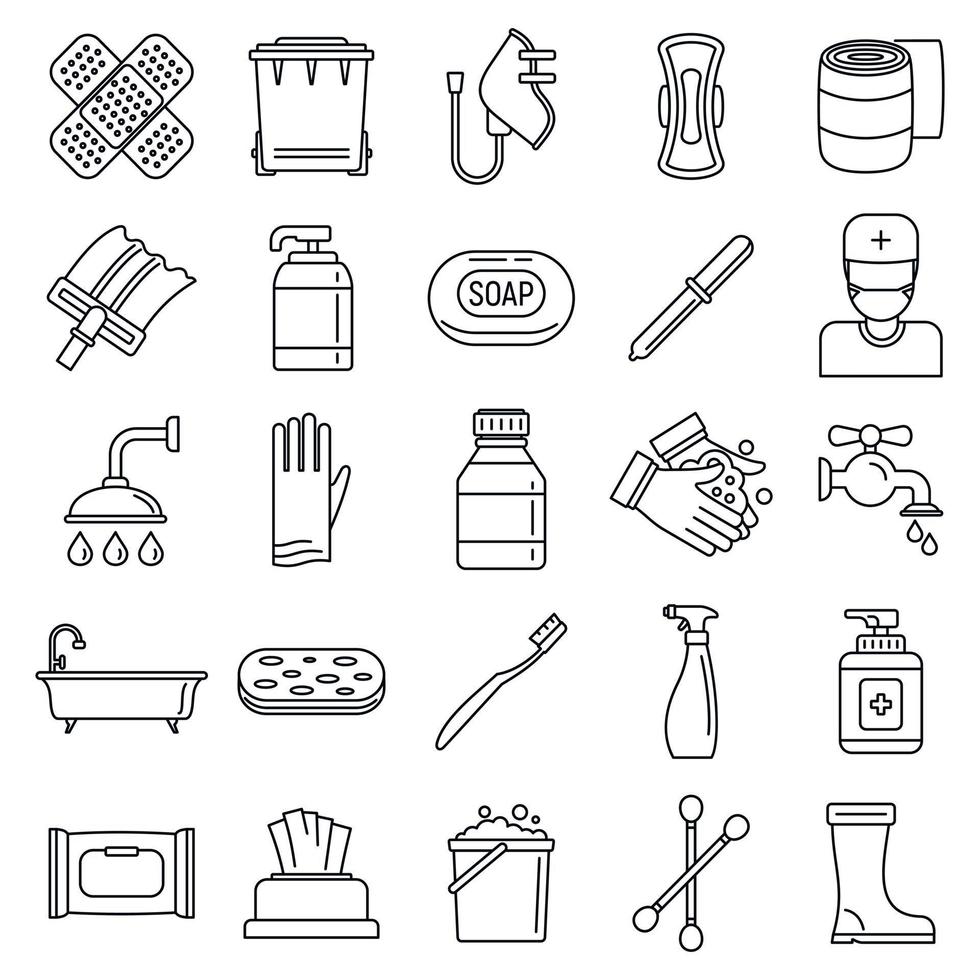 conjunto de ícones desinfetantes de saneamento, estilo de estrutura de tópicos vetor