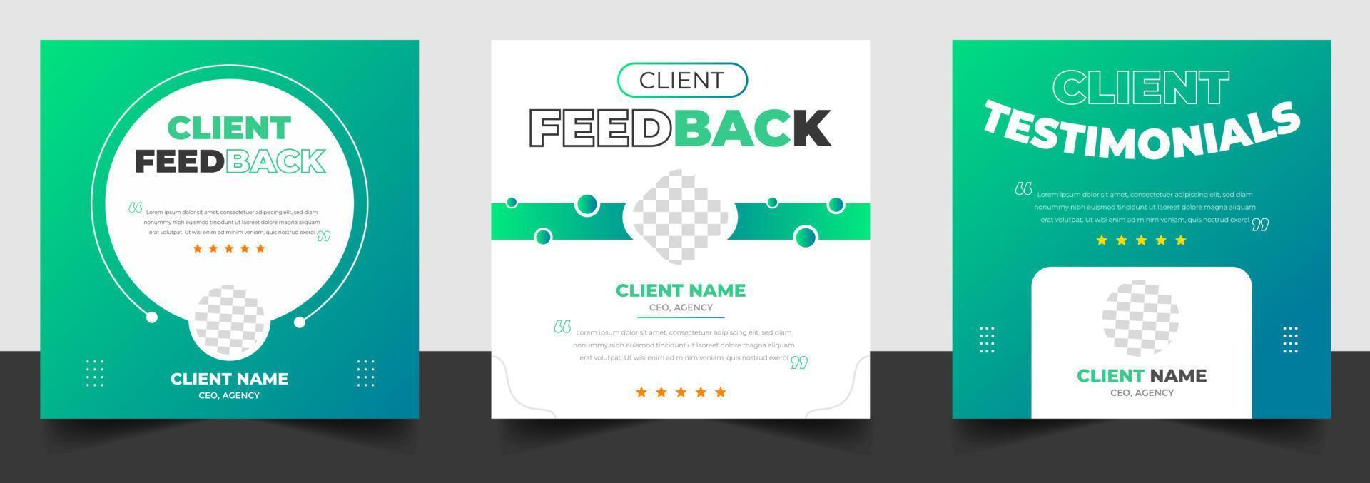 modelo de banner da web de post de mídia social de depoimento de feedback do cliente. depoimentos de clientes modelo de design de banner de postagem de mídia social com cor verde vetor