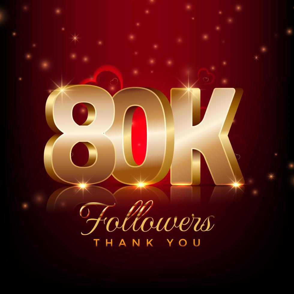 obrigado 80 mil seguidores banner de celebração feliz estilo 3d fundo vermelho e dourado vetor