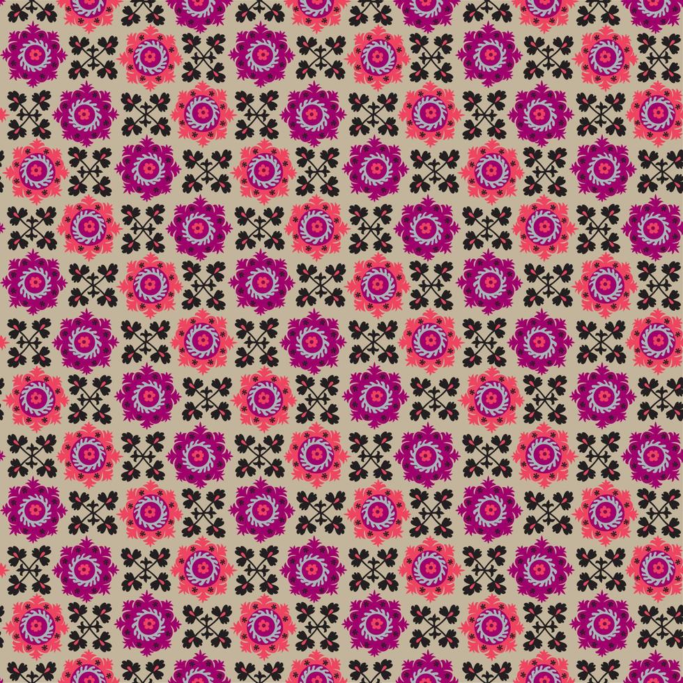 tradicional tapete asiático bordado suzanne na cor rosa e preto. motivo floral decorativo étnico uzbeque para tapete, tecido, toalha de mesa vetor