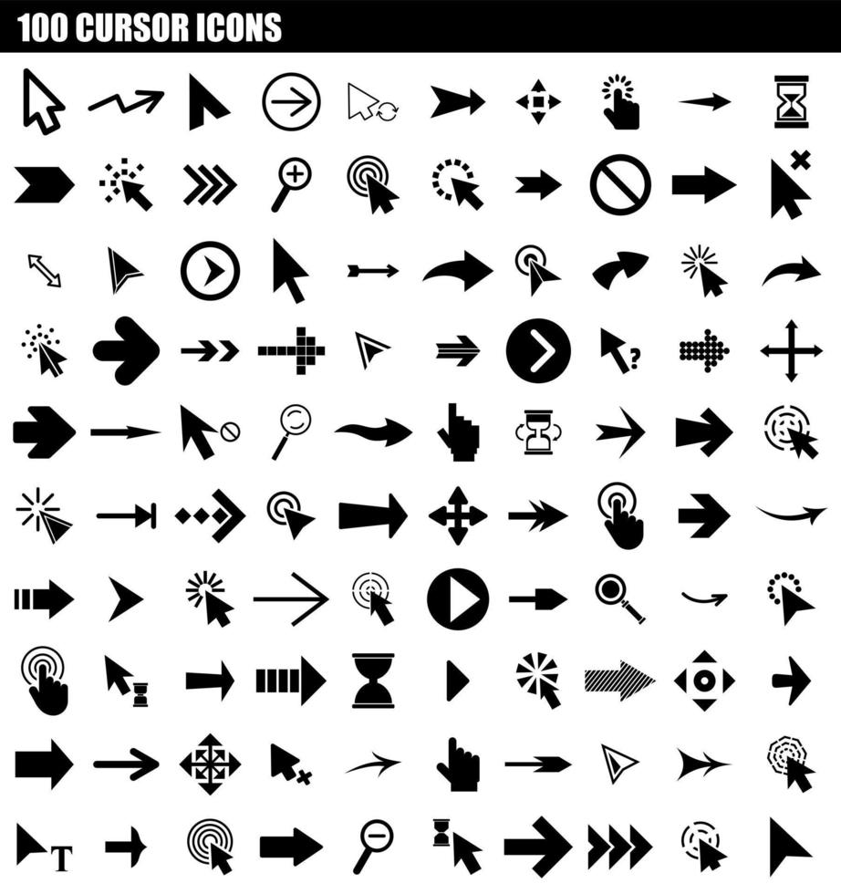 conjunto de ícones de 100 cursores, estilo simples vetor