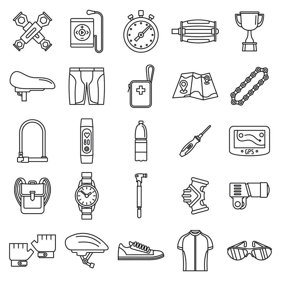 conjunto de ícones de kit de equipamento de ciclismo, estilo de estrutura de tópicos vetor