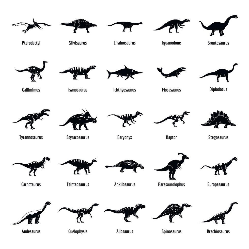 tipos de dinossauros assinados conjunto de ícones de nome, estilo simples vetor