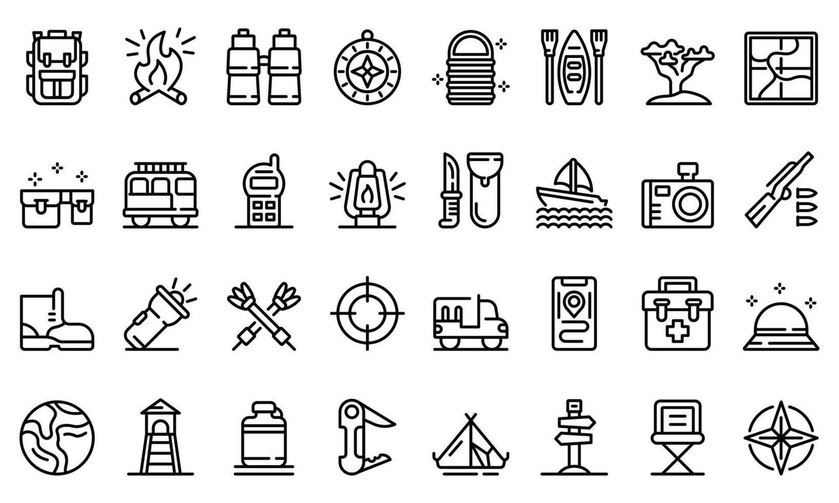 conjunto de ícones de equipamento de safári, estilo de estrutura de tópicos vetor