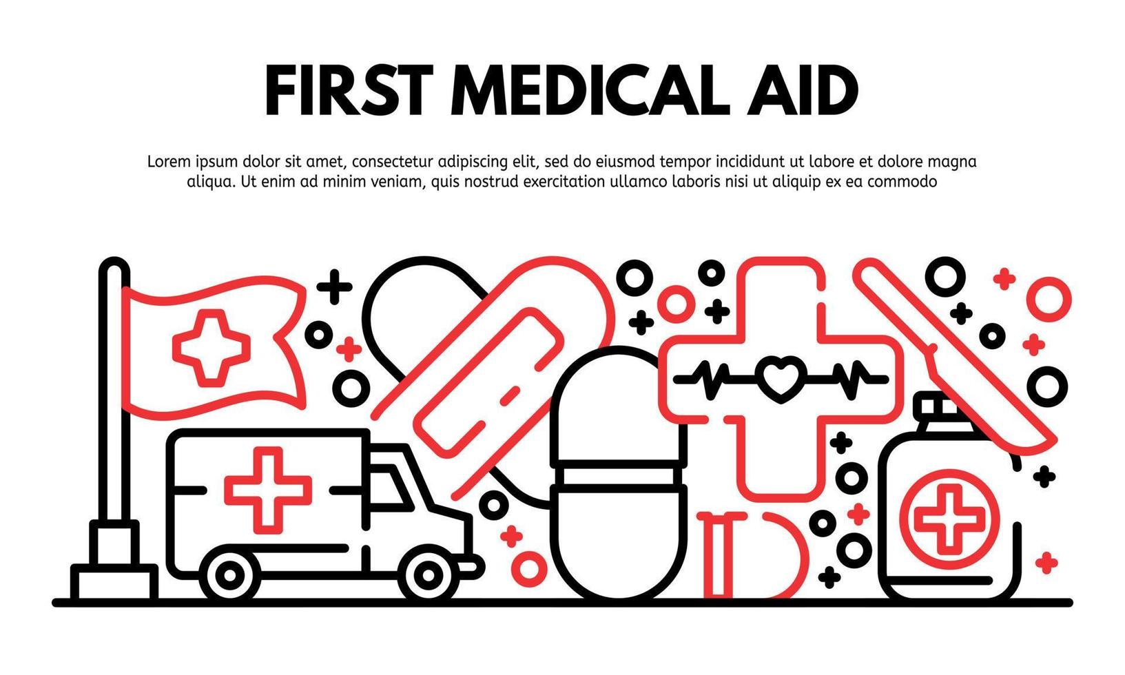 primeiro banner de ajuda médica, ícones de laboratório forense de estilo de contorno definido vetor plano