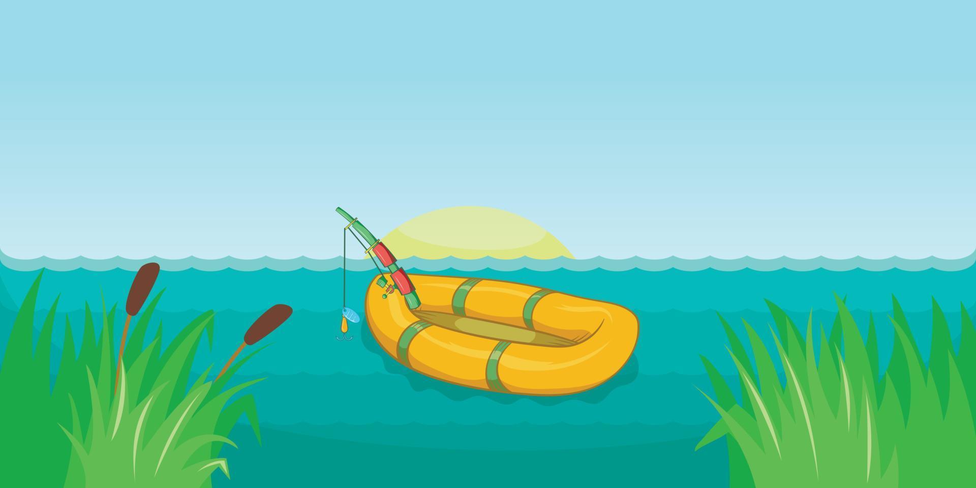 banner horizontal de pesca no lago, estilo cartoon vetor