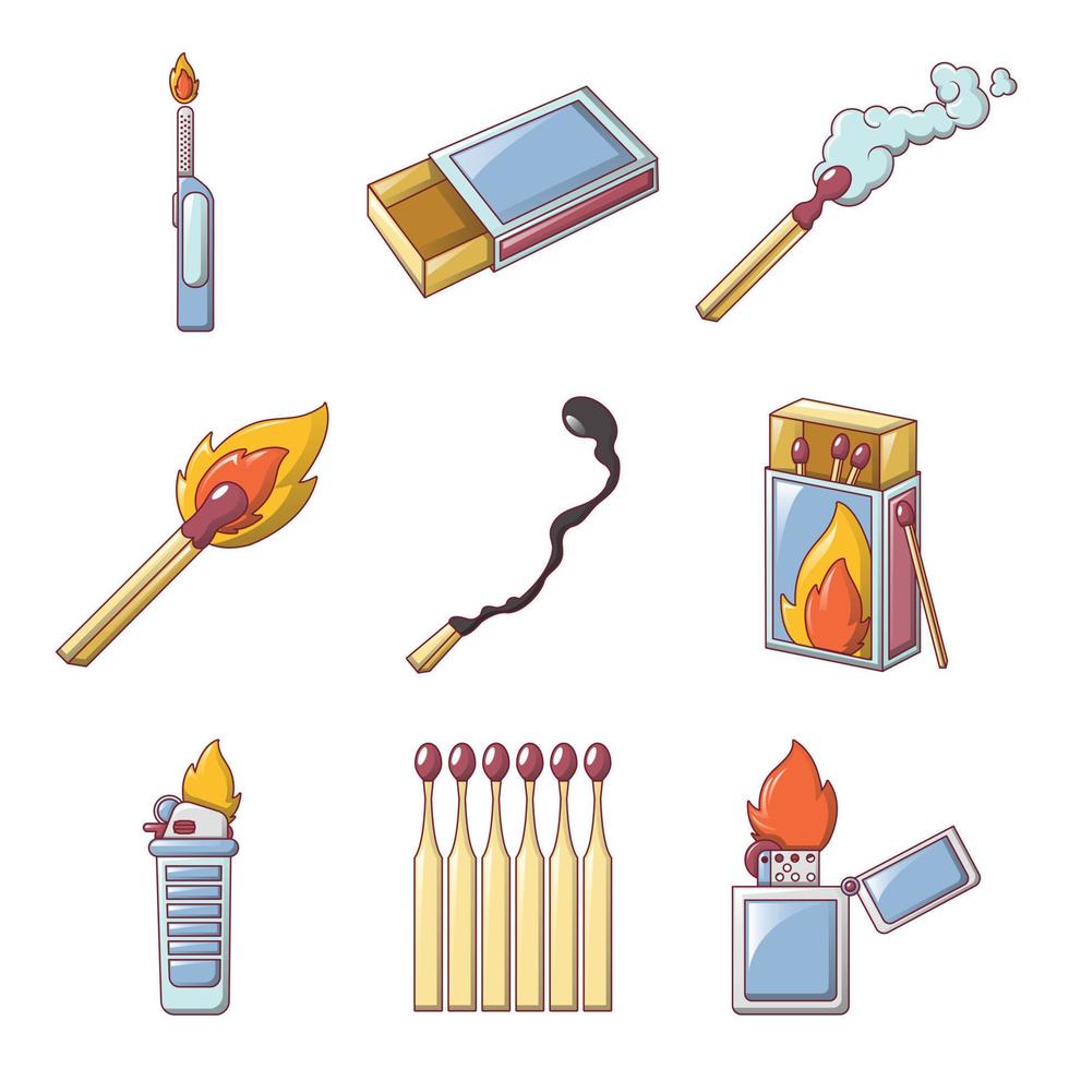 jogo de segurança acende conjunto de ícones de queimadura, estilo de desenho animado vetor