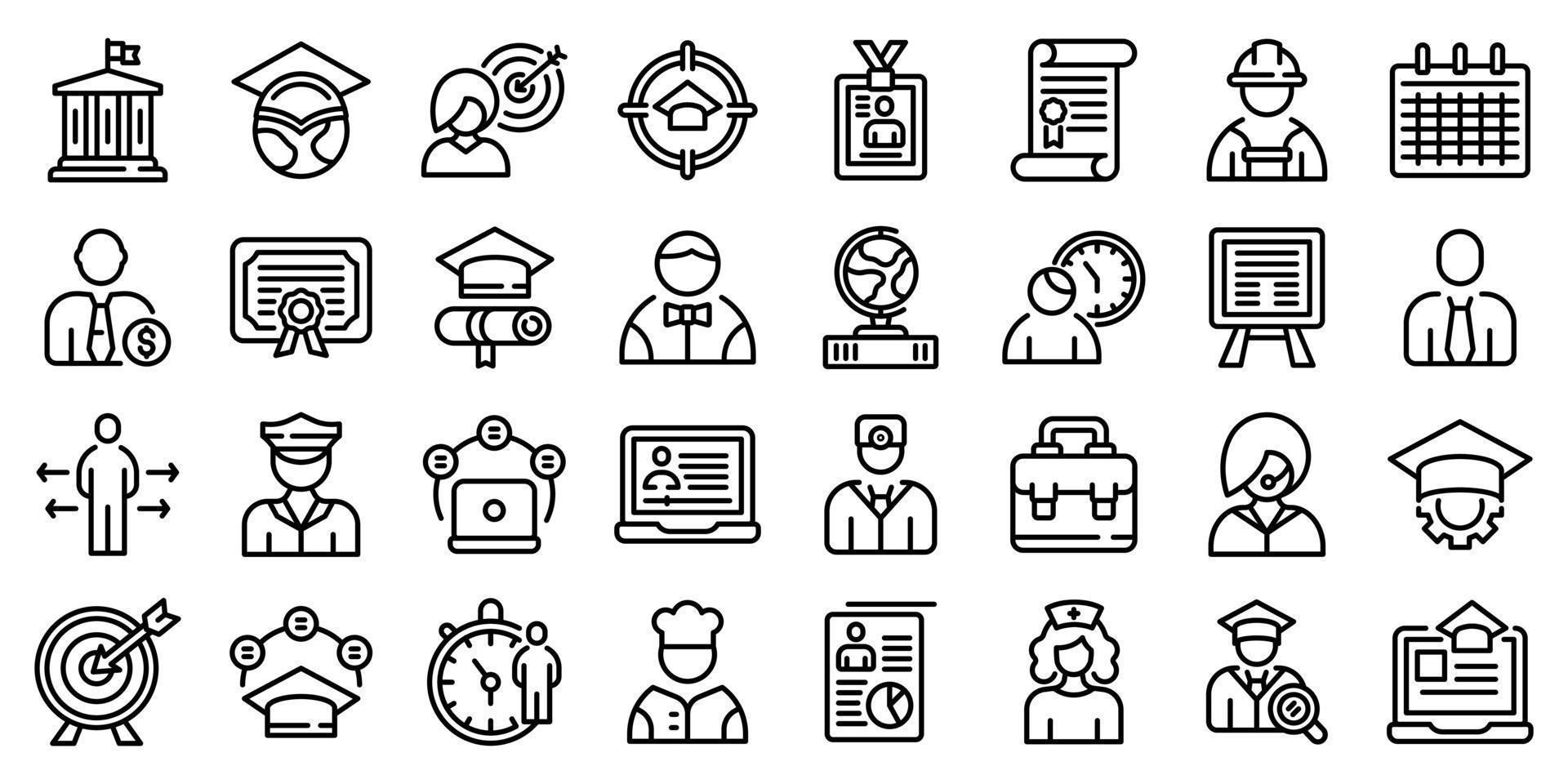 conjunto de ícones de estudantes de trabalho, estilo de estrutura de tópicos vetor