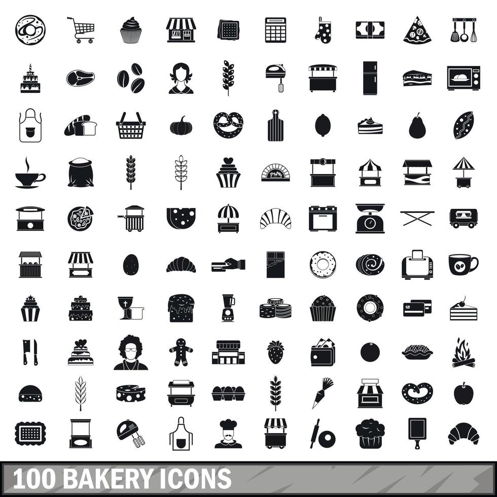 Conjunto de 100 ícones de padaria, estilo simples vetor