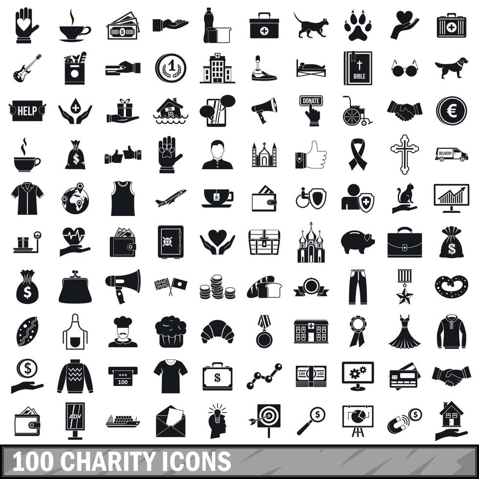 conjunto de 100 ícones de caridade, estilo simples vetor