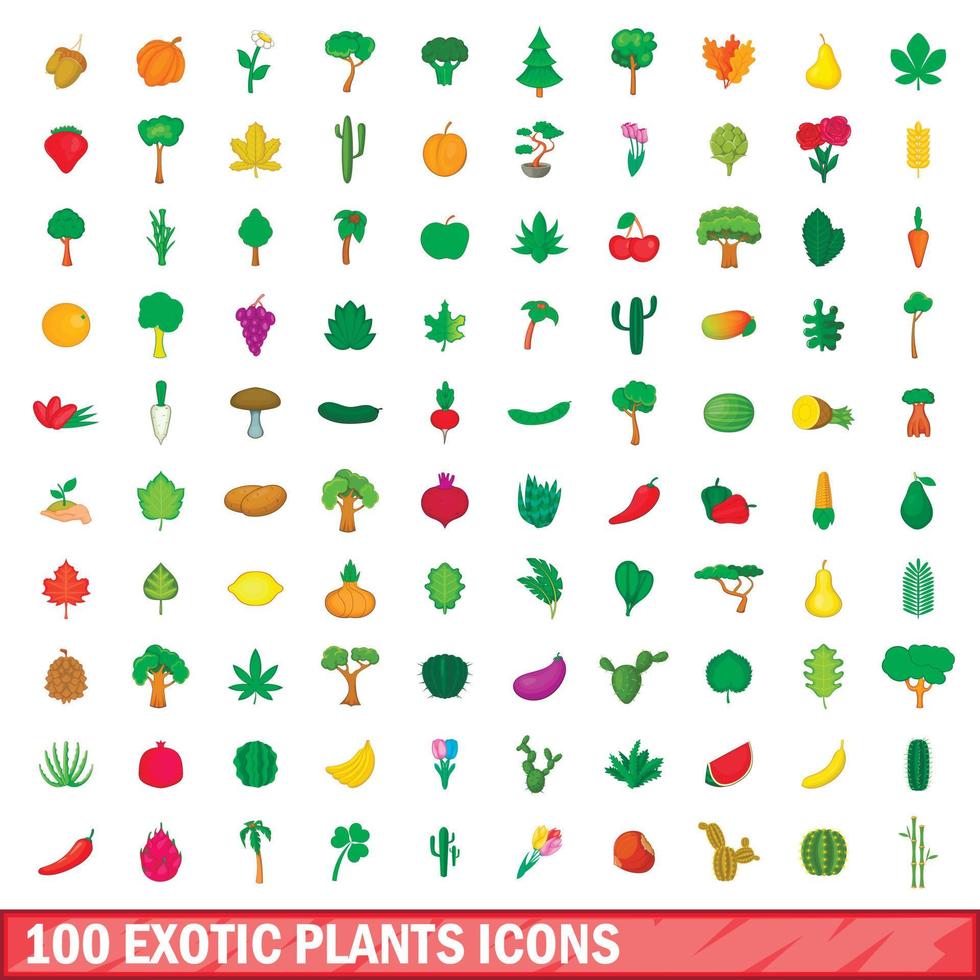 conjunto de 100 ícones de plantas exóticas, estilo cartoon vetor