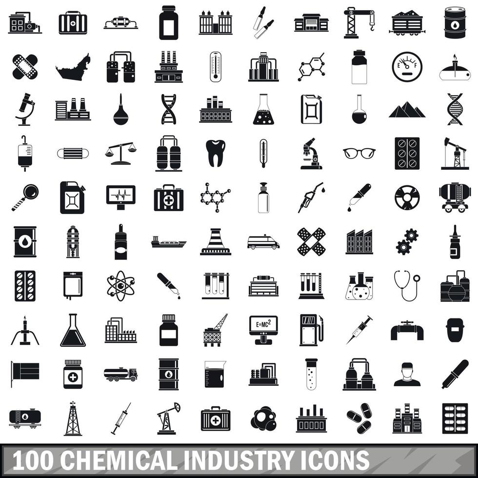 conjunto de 100 ícones da indústria química, estilo simples vetor