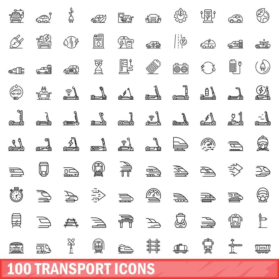 conjunto de 100 ícones de transporte, estilo de estrutura de tópicos vetor