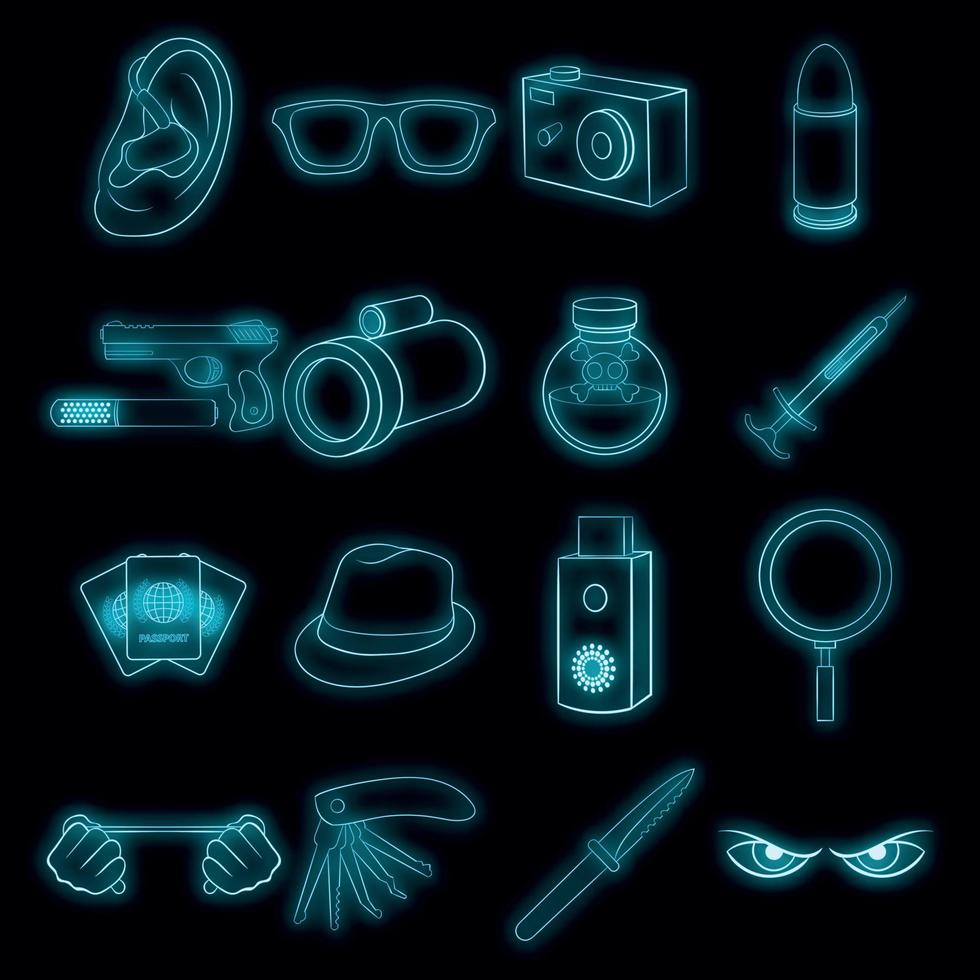 conjunto de ícones de espionagem e segurança vector neon