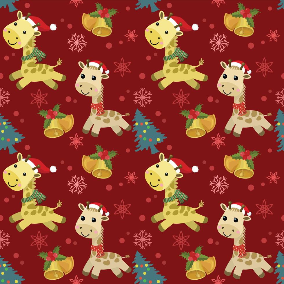 girafa bonito dos desenhos animados usa chapéu de Papai Noel com padrão perfeito de sino e árvore de Natal. vetor