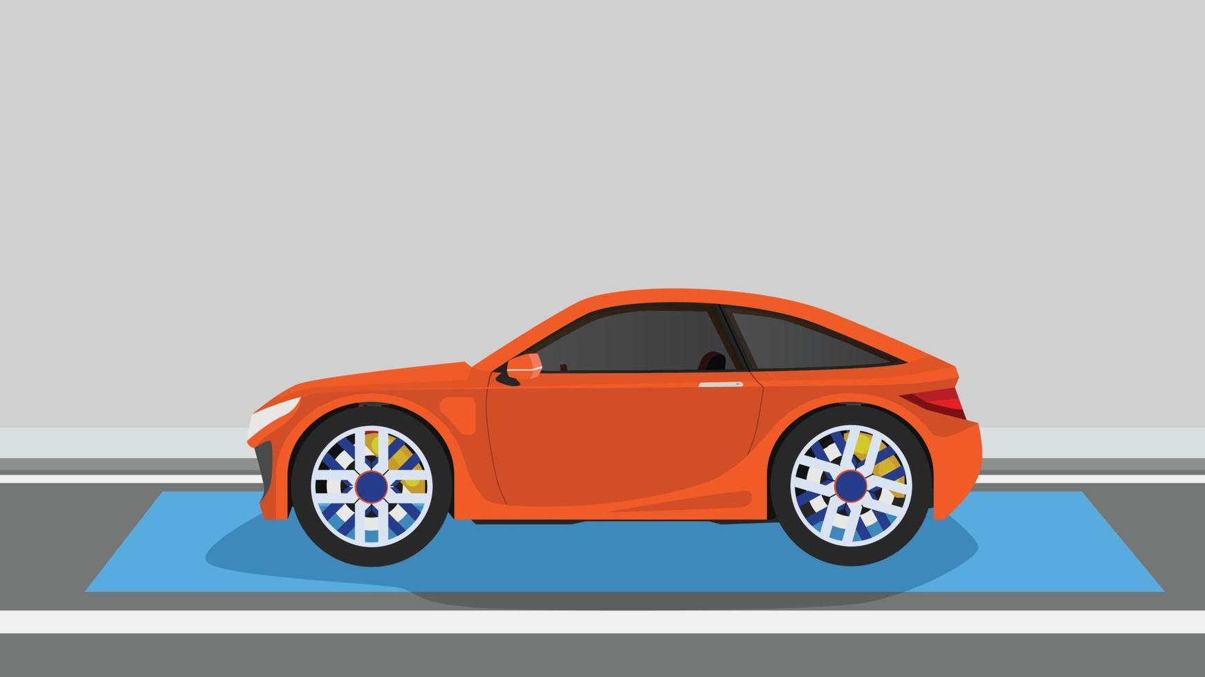 lado do veículo elétrico esporte suv carro laranja na estrada de asfalto. com lente de cor azul marca para zona ev. com cor cinza de fundo. vetor
