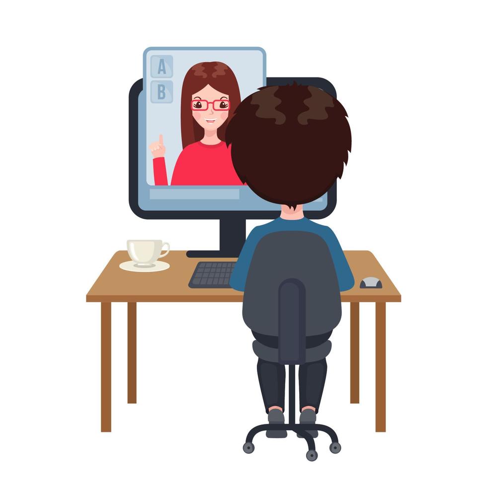 menino sentado em uma mesa e estudando no computador em casa. conceito de educação online em estilo cartoon, isolado no fundo branco. ficar em casa. ilustração vetorial vetor