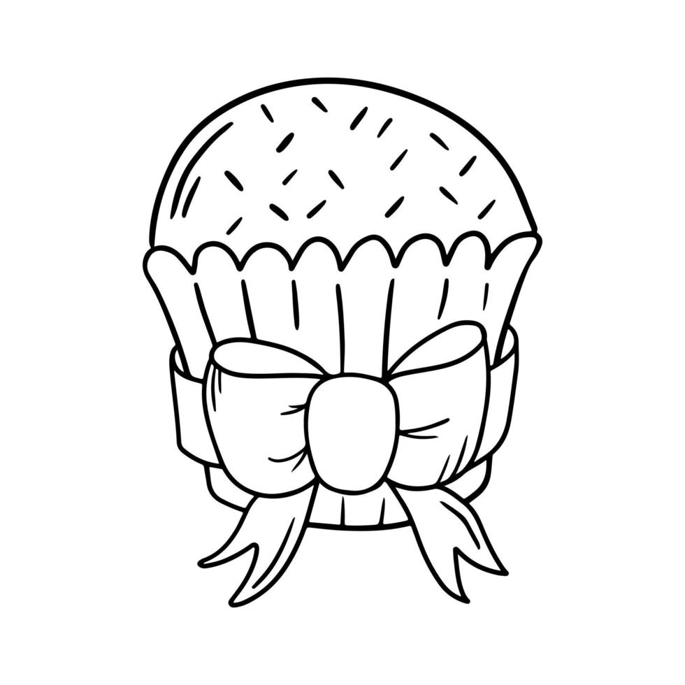 deliciosa sobremesa de cupcake com fita. desenho de estilo doodle gráfico de ilustração vetorial. vetor