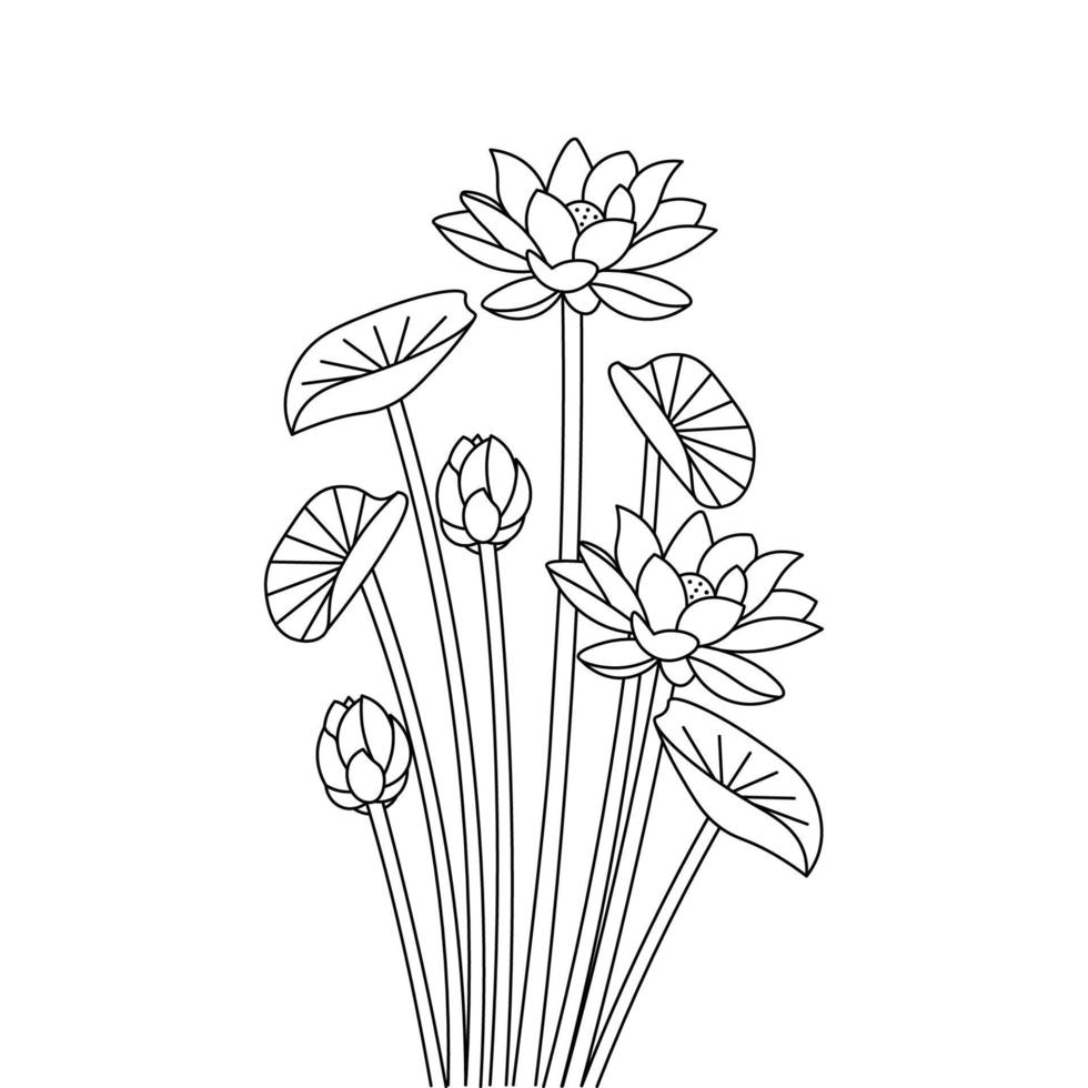 pétala desabrochando de flor de lótus com folhas ilustração de arte de linha de página para colorir vetor