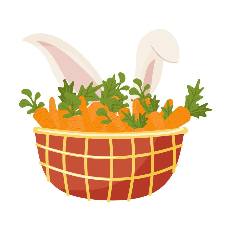 cesta com cenoura laranja e orelhas de coelho vetor