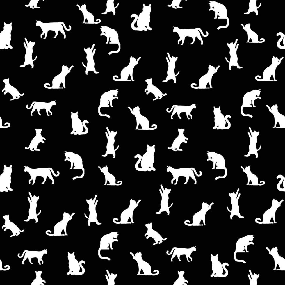 definir silhuetas vetoriais do gato, poses diferentes, em pé, pulando e sentado. padrão sem emenda de gato preto e branco sobre fundo preto. design gráfico para decoração, papel de parede, tecido e etc. vetor