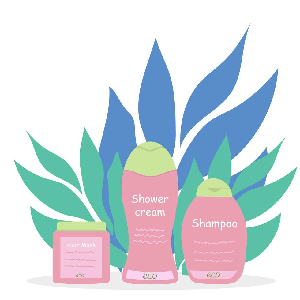 produtos para o cabelo shampoo, gel de banho, máscara de cabelo uma marca. ilustração vetorial vetor