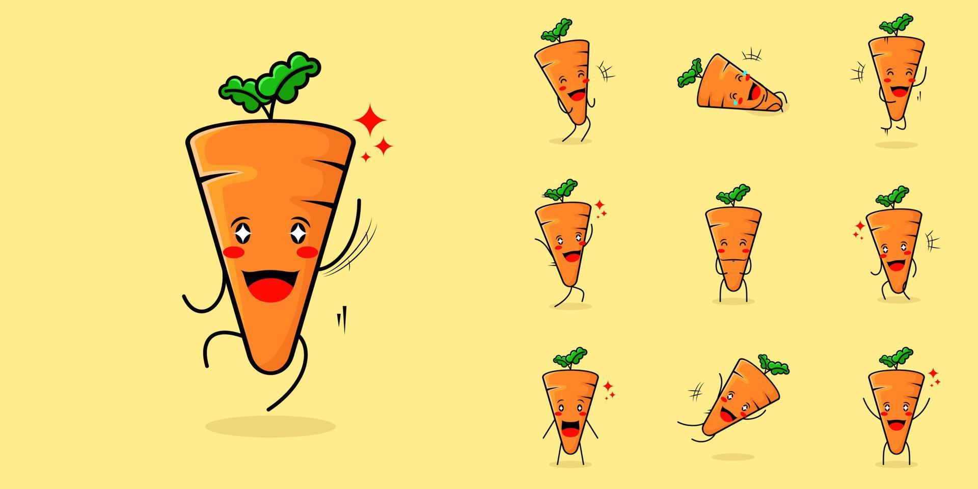 personagem de cenoura fofa com sorriso e expressão feliz, salto, boca aberta e olhos brilhantes. verde e laranja. adequado para emoticon, logotipo, mascote e ícone vetor