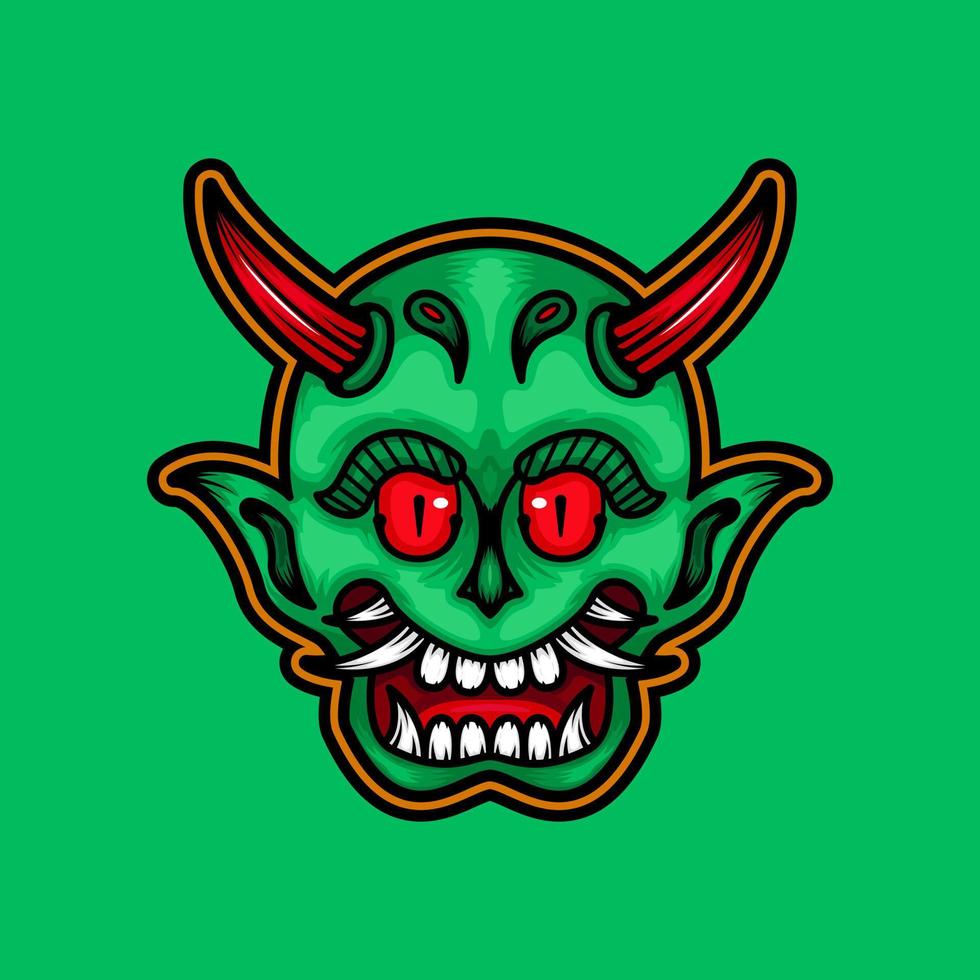 ilustração de uma cabeça de demônio verde com chifres vermelhos, olhos vermelhos e presas brancas. adequado para design de mascote, logotipo ou camiseta vetor