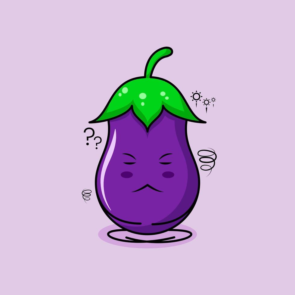 personagem de berinjela fofa com expressão de pensamento, feche os olhos e sente-se de pernas cruzadas. verde e roxo. adequado para emoticon, logotipo, mascote vetor