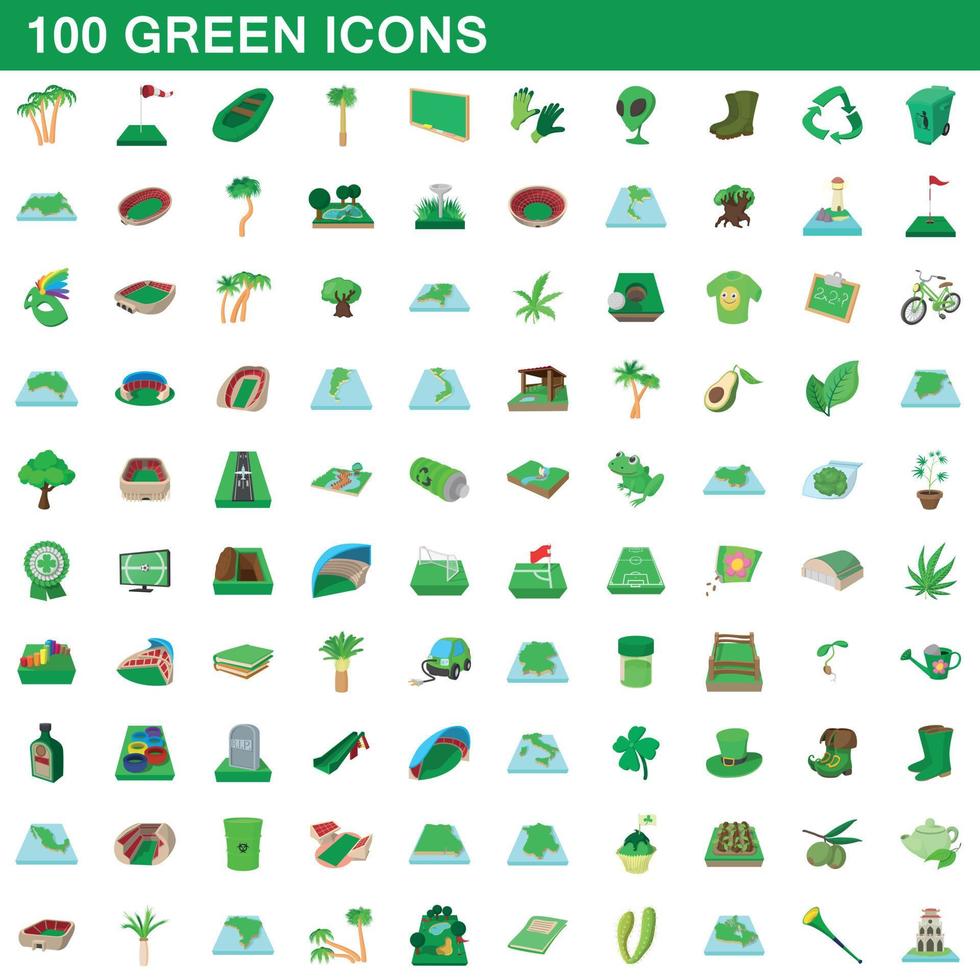 conjunto de 100 ícones verdes, estilo cartoon vetor