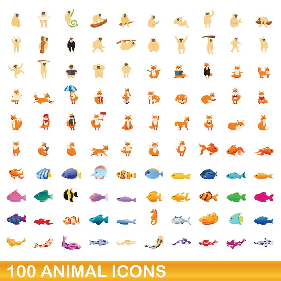 conjunto de 100 ícones de animais, estilo cartoon vetor