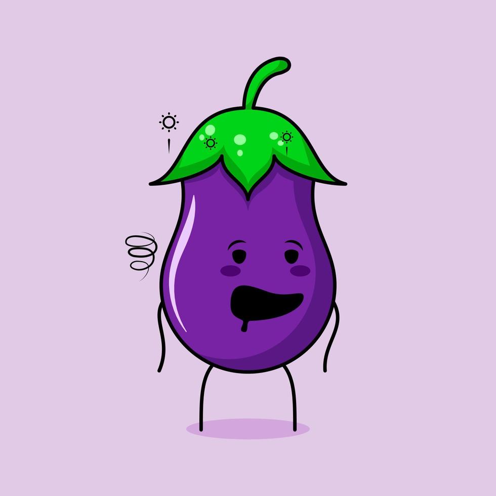 personagem de berinjela fofa com expressão bêbada e boca aberta. verde e roxo. adequado para emoticon, logotipo, mascote e ícone vetor