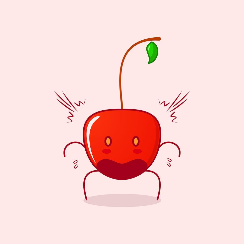 personagem de desenho animado de cereja bonito com expressão chocada, boca aberta e olhos esbugalhados. verde e vermelho. adequado para emoticon, logotipo, mascote ou adesivo vetor