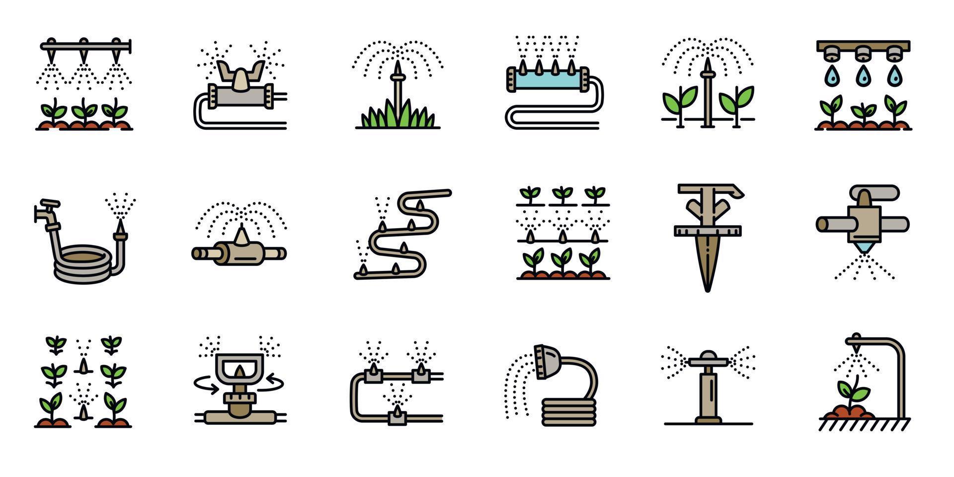 conjunto de ícones do sistema de irrigação, estilo de estrutura de tópicos vetor